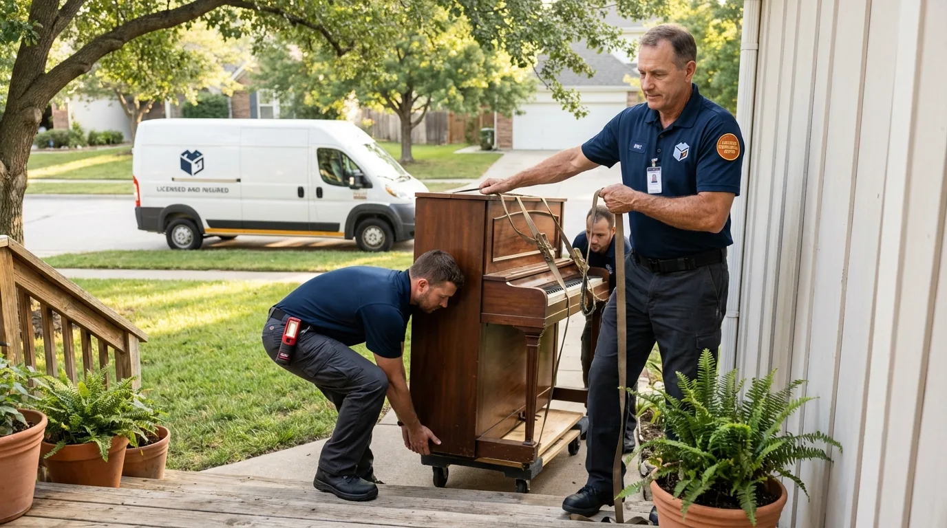 Licensed piano movers securing grand piano in Winfield, IA