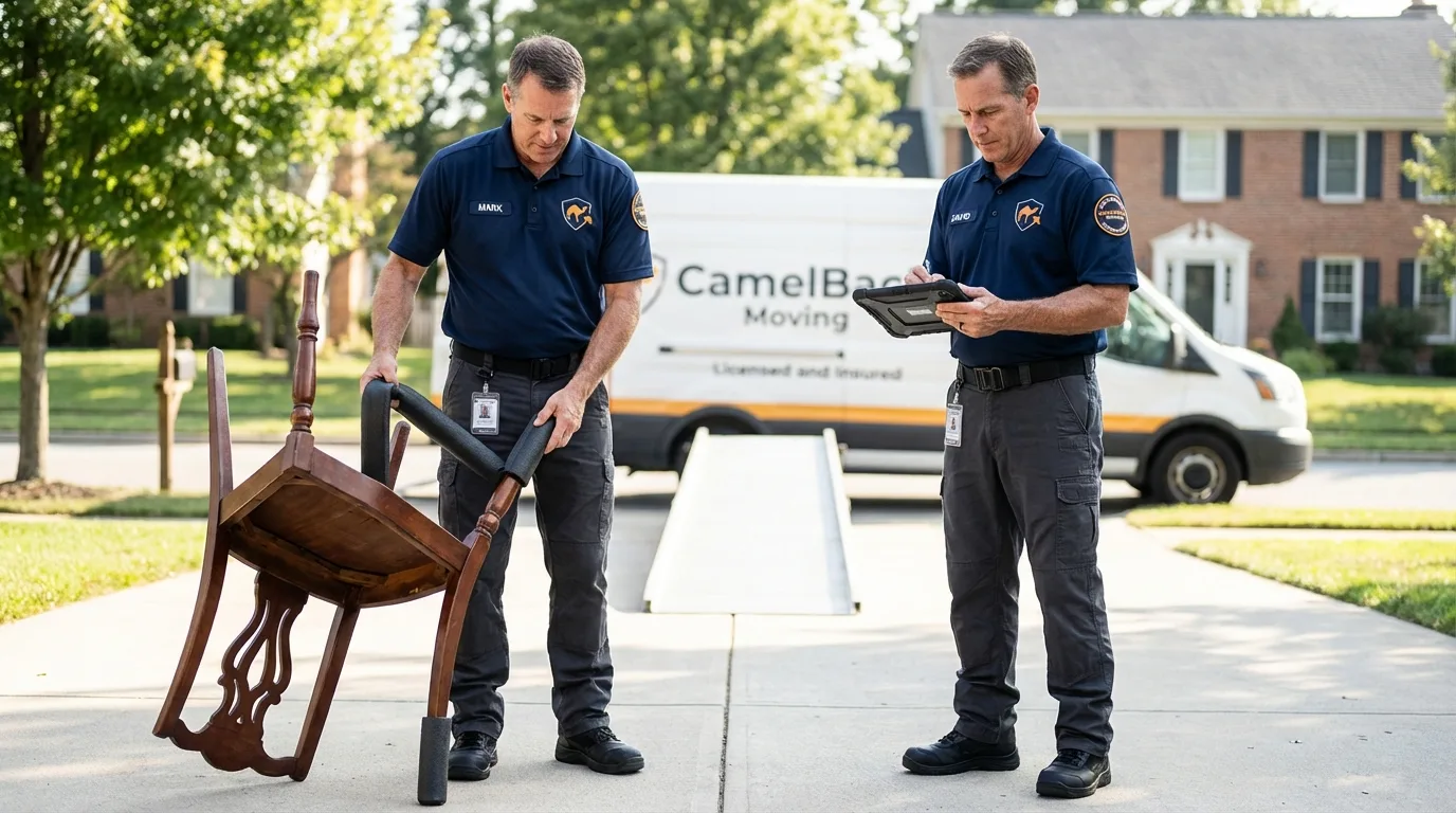 Movers inspecting furniture for damage prevention before loading in Winfield, IA