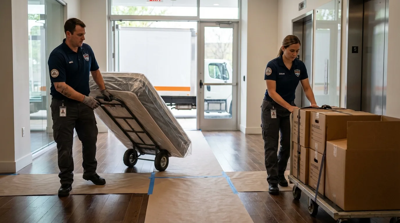 Professional apartment movers loading elevator in Winfield, IA