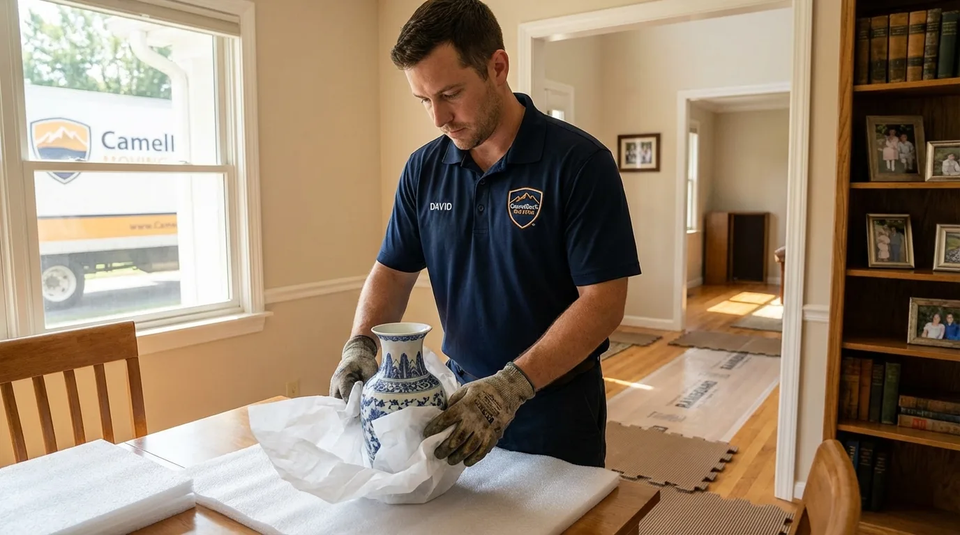 Professional crew carefully wrapping antique vase for senior downsizing move in Winfield, IA